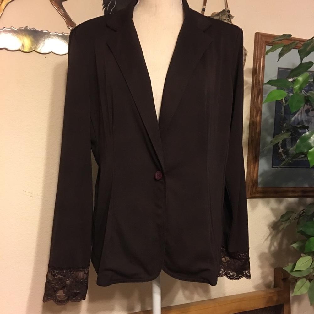 David Loren brown stretch blazer lace detail L